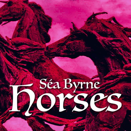 Statue of galloping Horses with a red firey hue