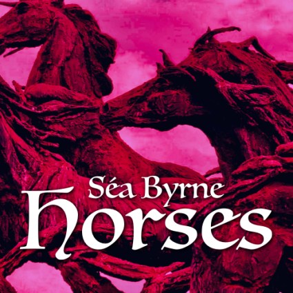 Statue of galloping Horses with a red firey hue
